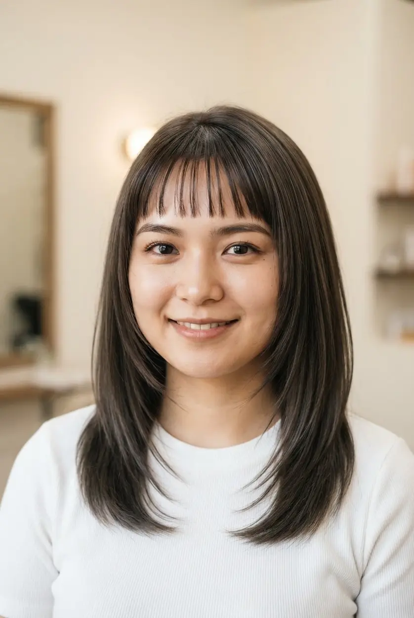 A thin minimalist fringe leaves small spaces across the forehead above straight, length-focused layers.