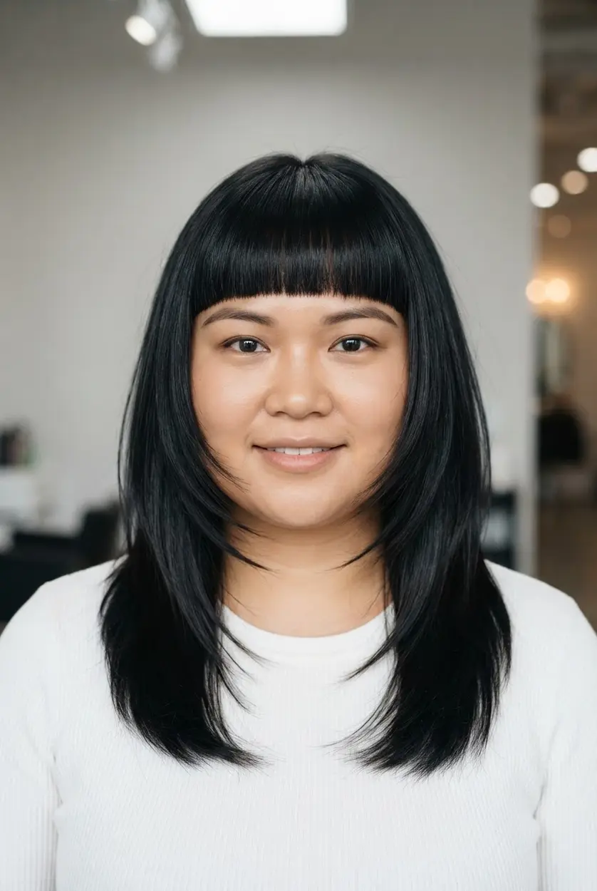 Sleek straight bangs contrast with long layered sides, forming clean lines around the face for round faces.