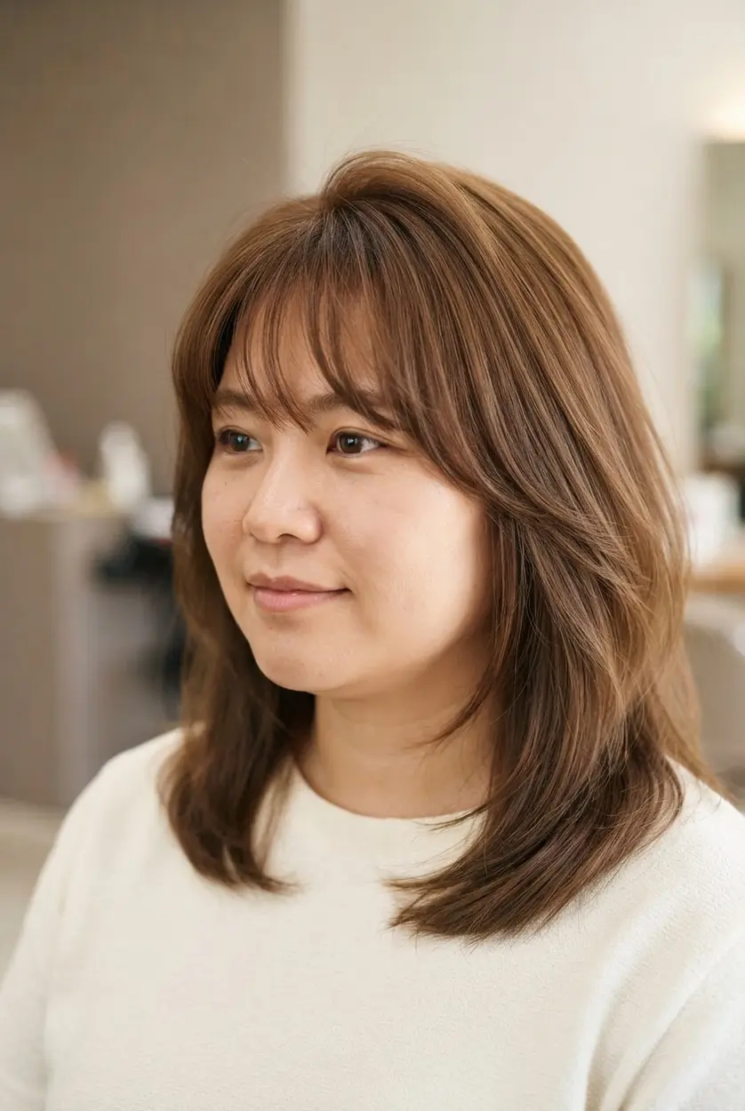 Root-lift fringe rises from the forehead and angles into softly layered sides with natural movement.