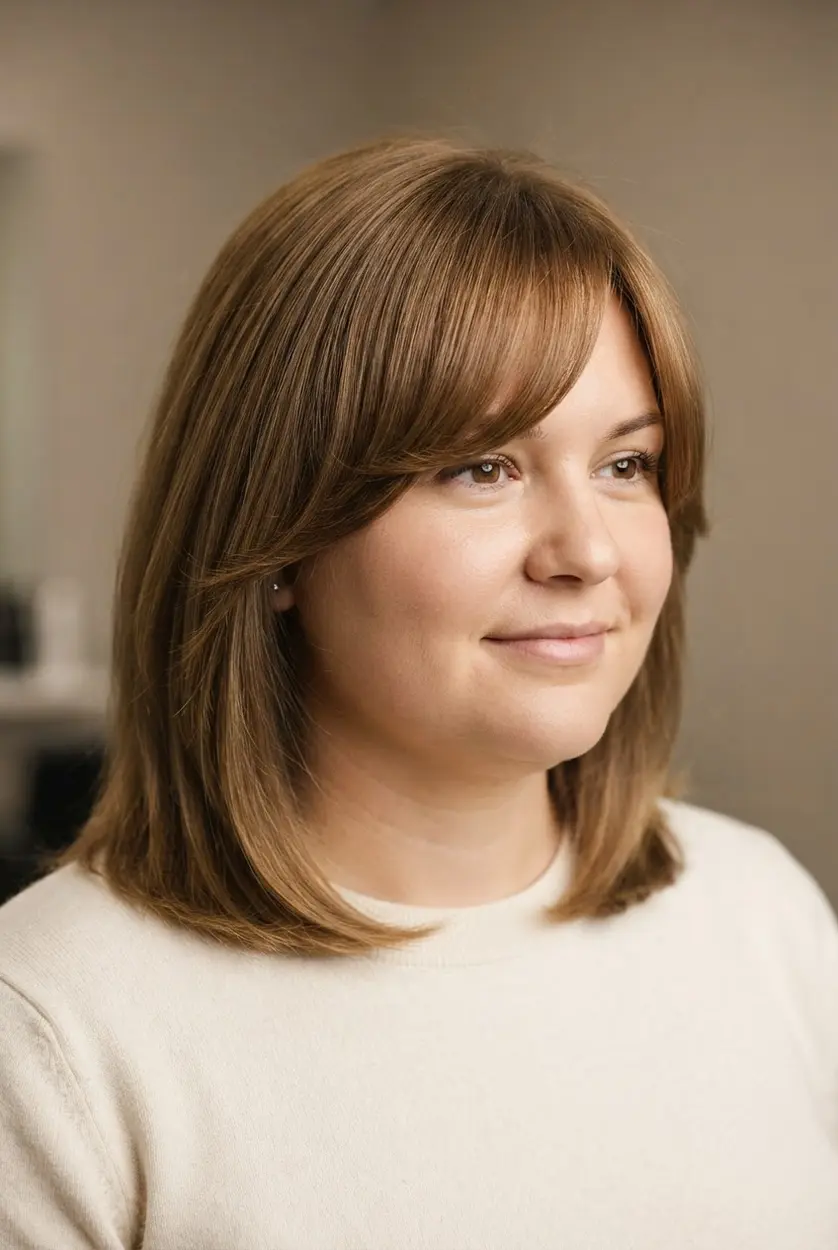 Long side-swept fringe curves across the forehead with smooth layers and a diagonal finish.