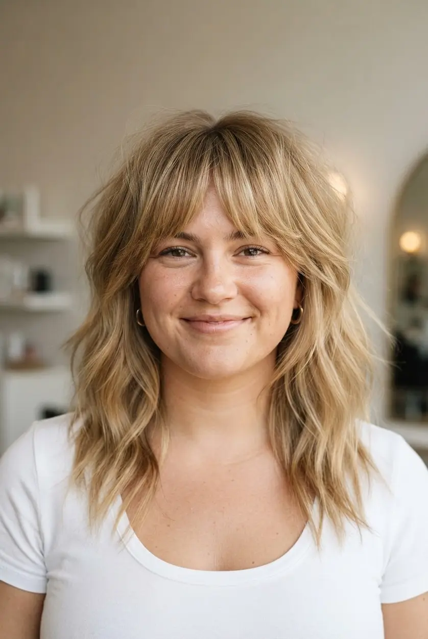 Shaggy Bardot fringe parts at the center above tousled layers with soft root volume.