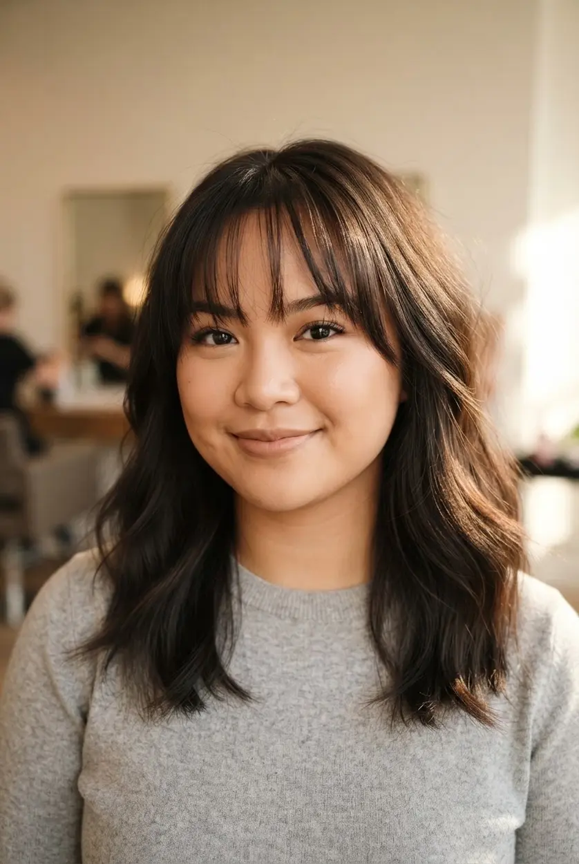 Brow-skimming wispy bangs sit lightly across the forehead above softly separated hair.