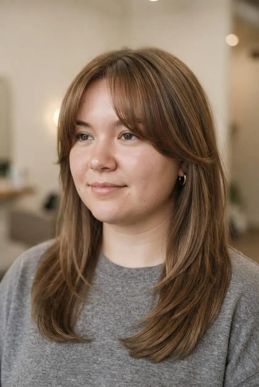 Cheekbone-length face-framing bangs sweep beside the cheeks and blend into long layers for round faces.