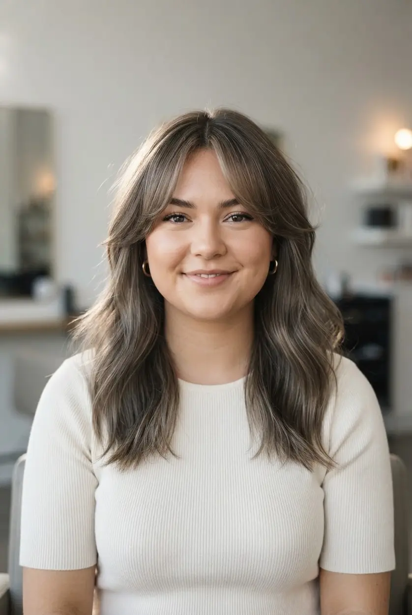 Soft center-parted curtain bangs open over the forehead with airy movement through the sides.