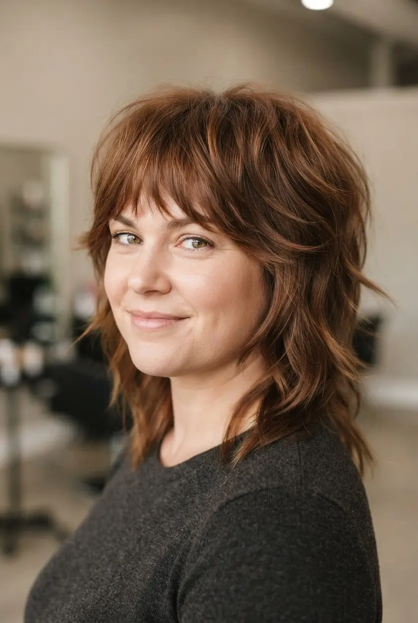 A layered shag cut features feathered bangs and lifted crown volume around the face.