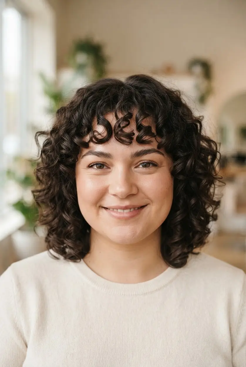 Textured curly fringe forms loose coils above the eyebrows with rounded layers framing the face.
