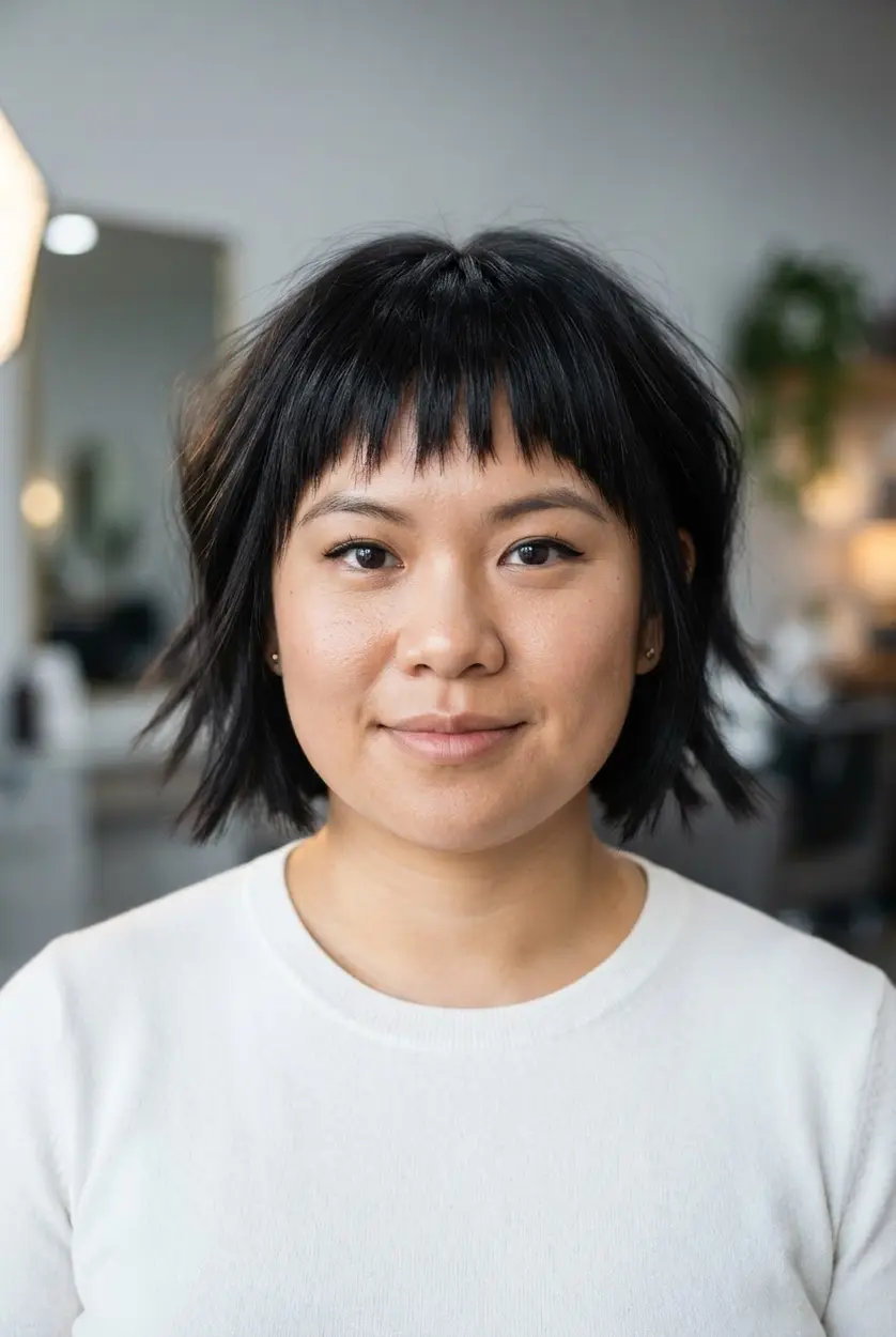 Choppy layered bangs pair with a textured bob to create crisp ends and cheek-level movement for round faces.