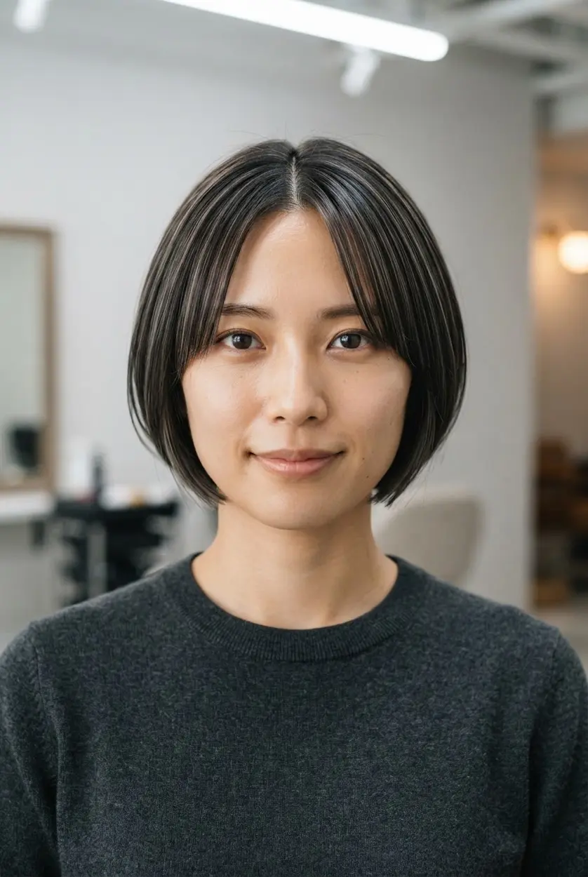 Short bob with a centered part, split fringe, smooth sides, and balanced face-framing lines.