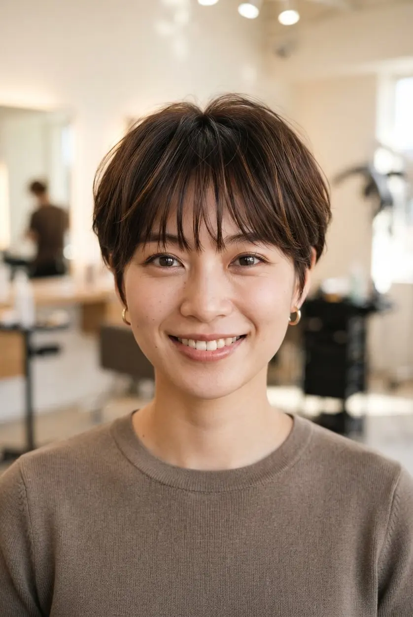 Bangs hairstyles for short hair featuring a tapered pixie with feathered fringe and softly separated layers.
