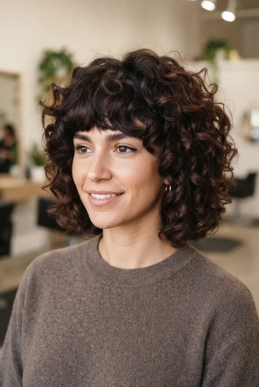 Short curly bob with abundant rounded curls, full fringe, and lifted volume above the jawline.