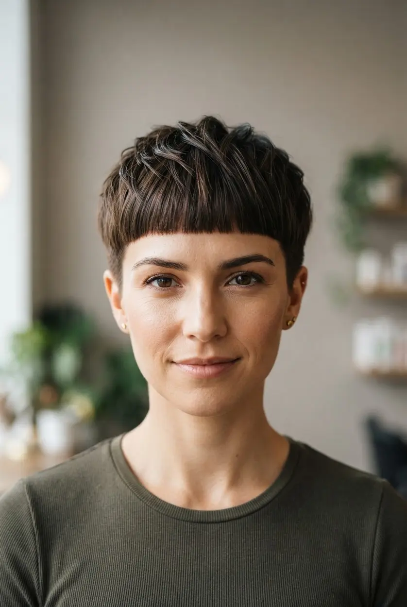 Short textured crop with a straight blunt fringe, separated top pieces, and closely trimmed sides.