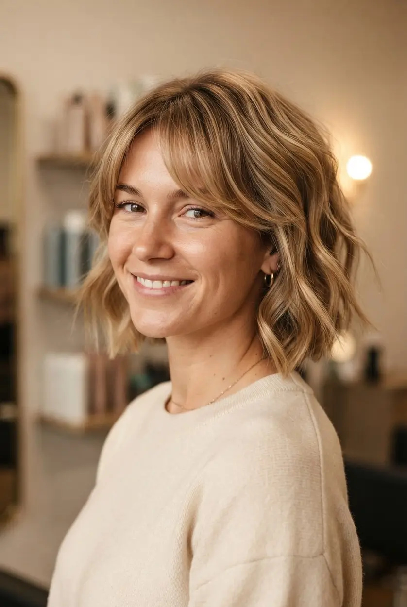 Short haircut with loose soft waves, a side fringe, and delicate bends framing one side of the face.