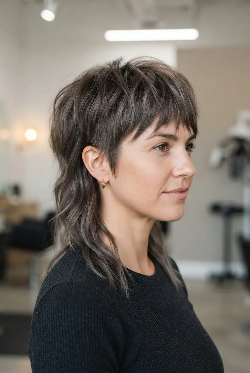 Modern short mullet with choppy forehead bangs, tapered sides, layered crown, and a longer textured back.