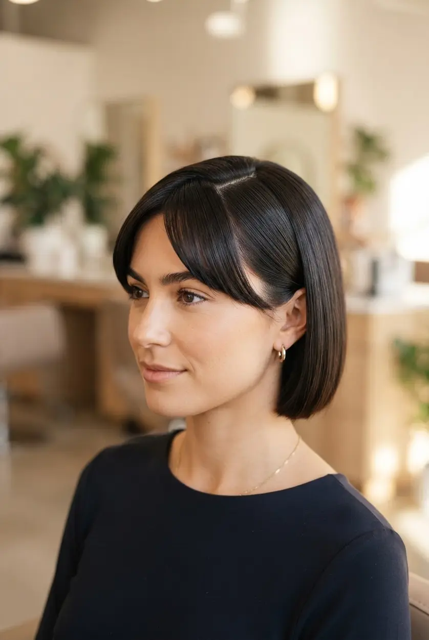 Short bob styled close to the head with a deep side part, smooth side bangs, and glossy straight texture.
