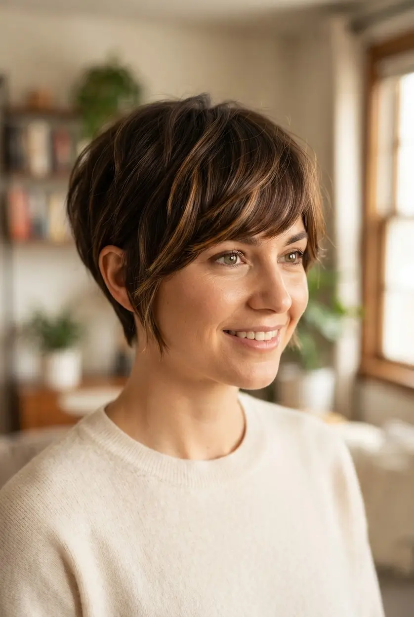 Bangs hairstyles for short hair shown as a tapered pixie with long side-swept fringe and natural movement.