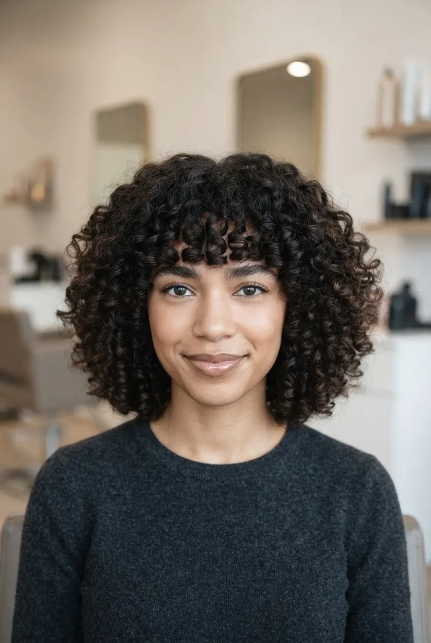 Bangs hairstyles for short hair featuring a coily bob, dense rounded fringe, and defined springy curls.