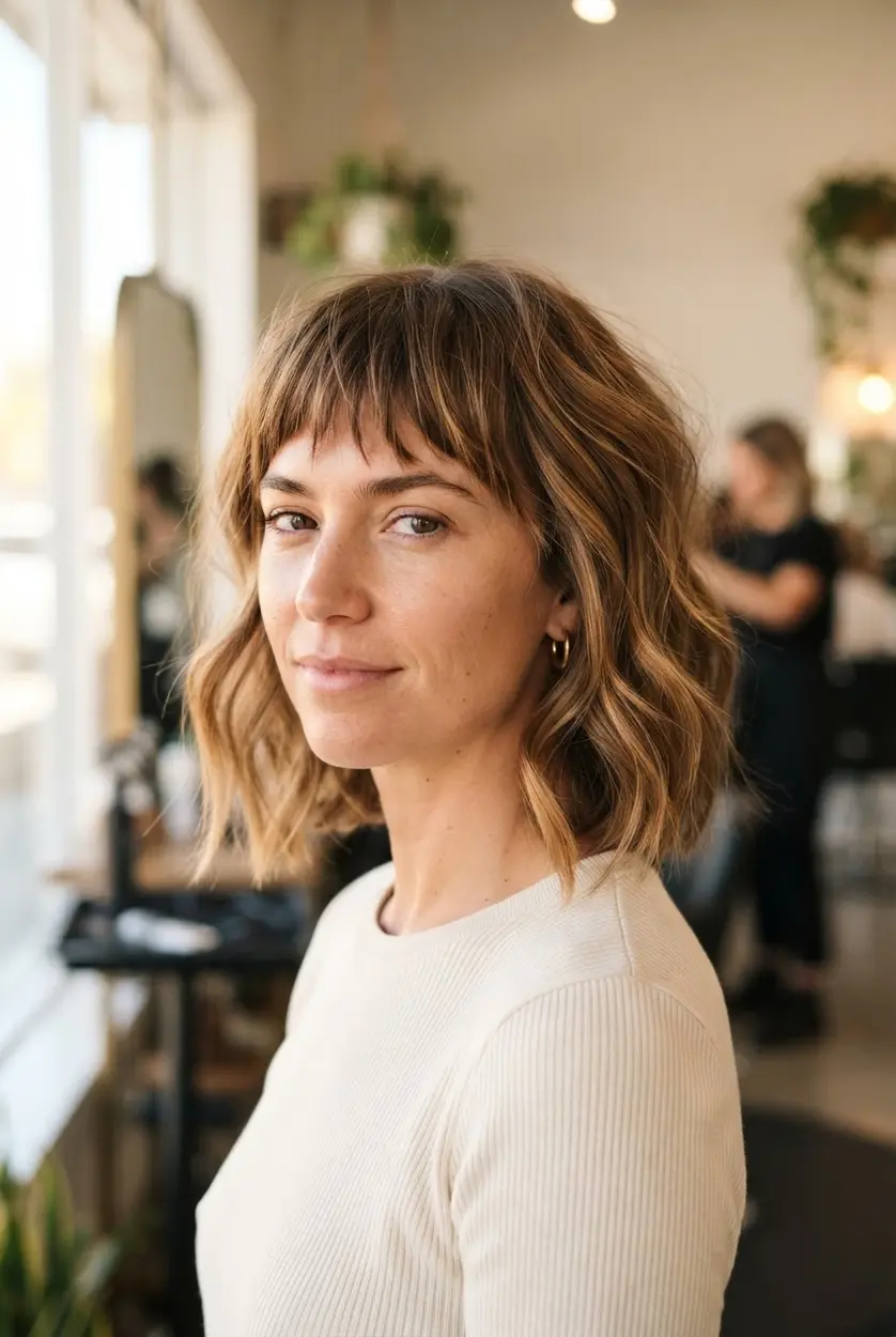Short wavy bob with uneven choppy bangs, loose bends, and piecey ends creating relaxed movement.