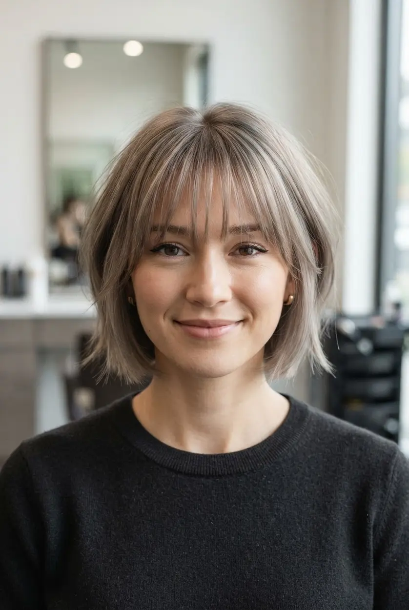 Bangs hairstyles for short hair showing a feathered bob with thin wispy bangs and light layers at the cheeks.
