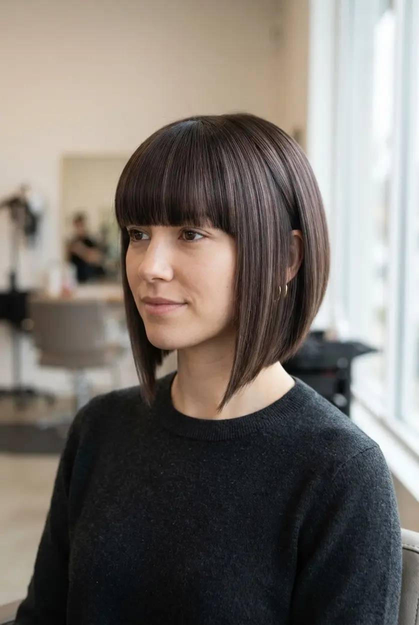 Short inverted bob with smooth straight sides, sharp ends, and a dense blunt fringe above the brows.