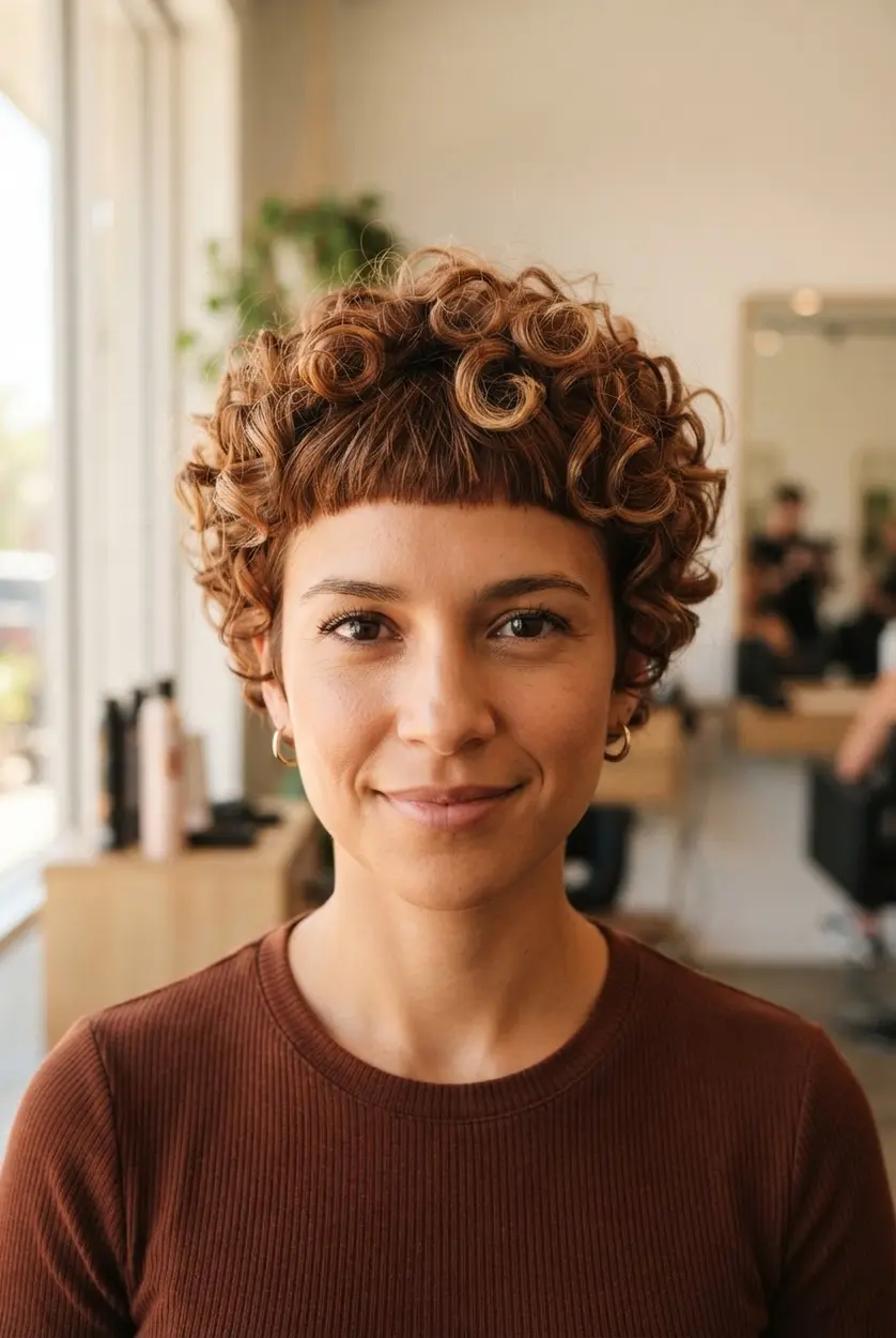 Bangs hairstyles for short hair featuring a curly pixie, tight curls, and short micro bangs across the forehead.