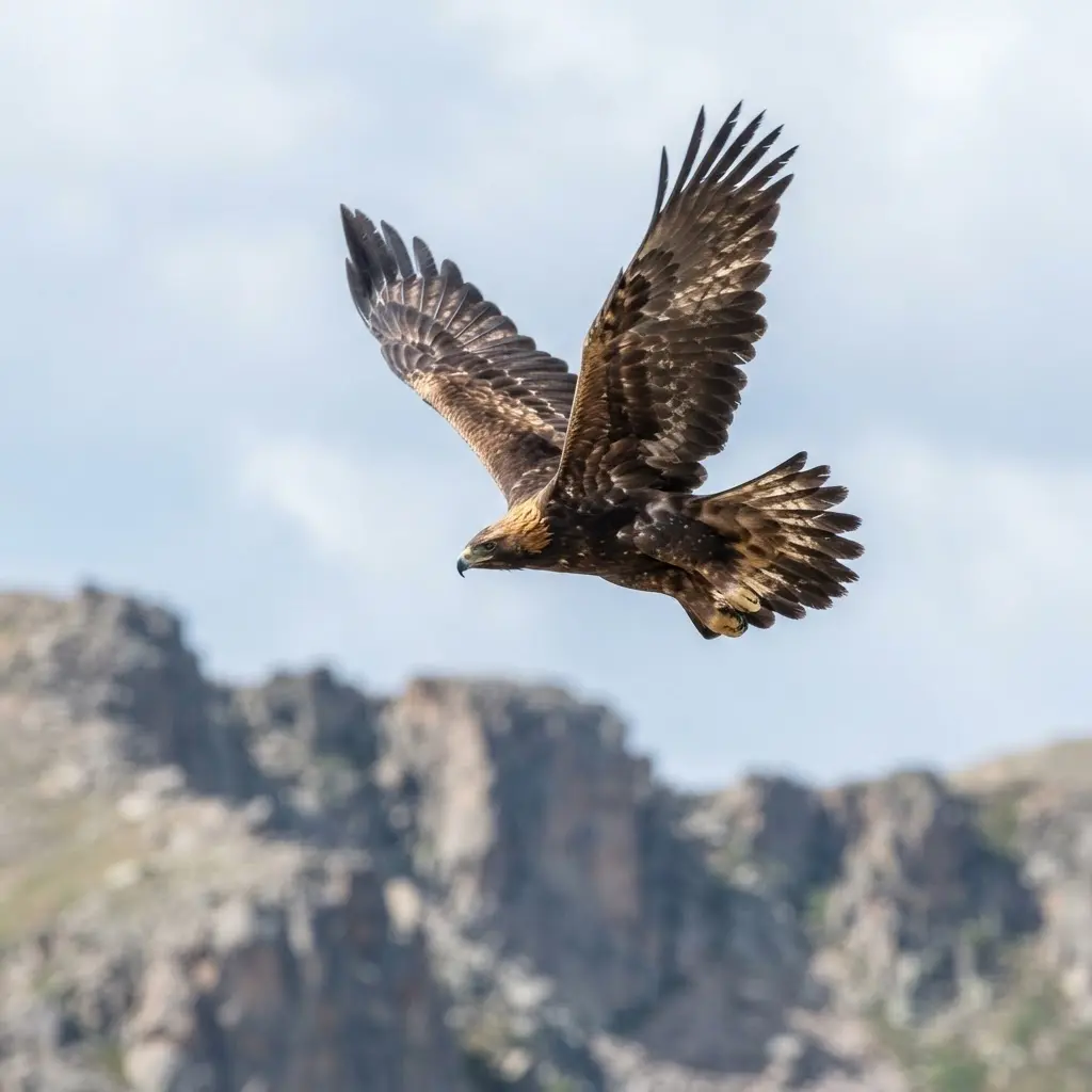 Golden eagle banking above a rocky ridge in high-speed bird photography ideas for flight practice.
