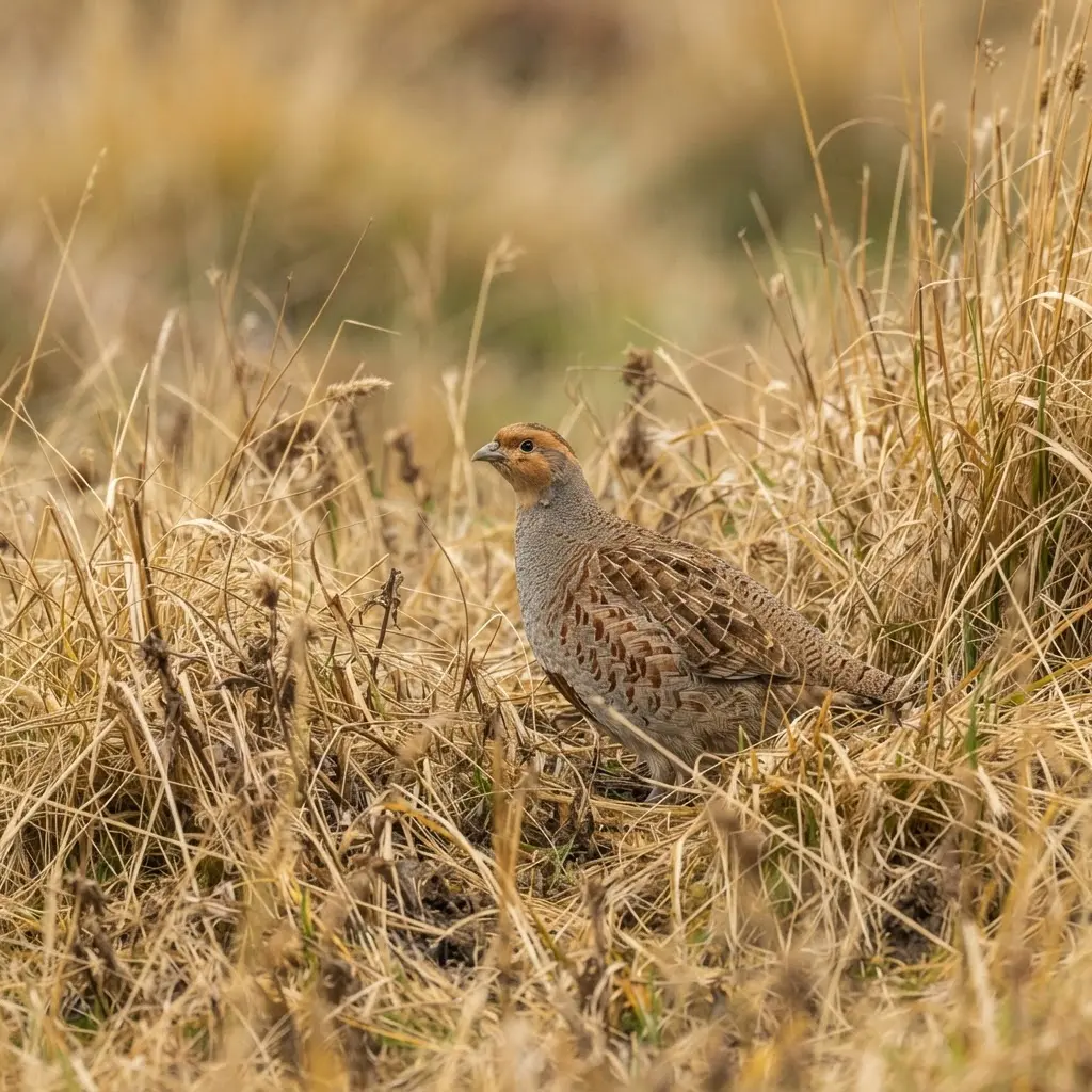Ground bird blends with golden grass in bird photography ideas for natural camouflage studies.