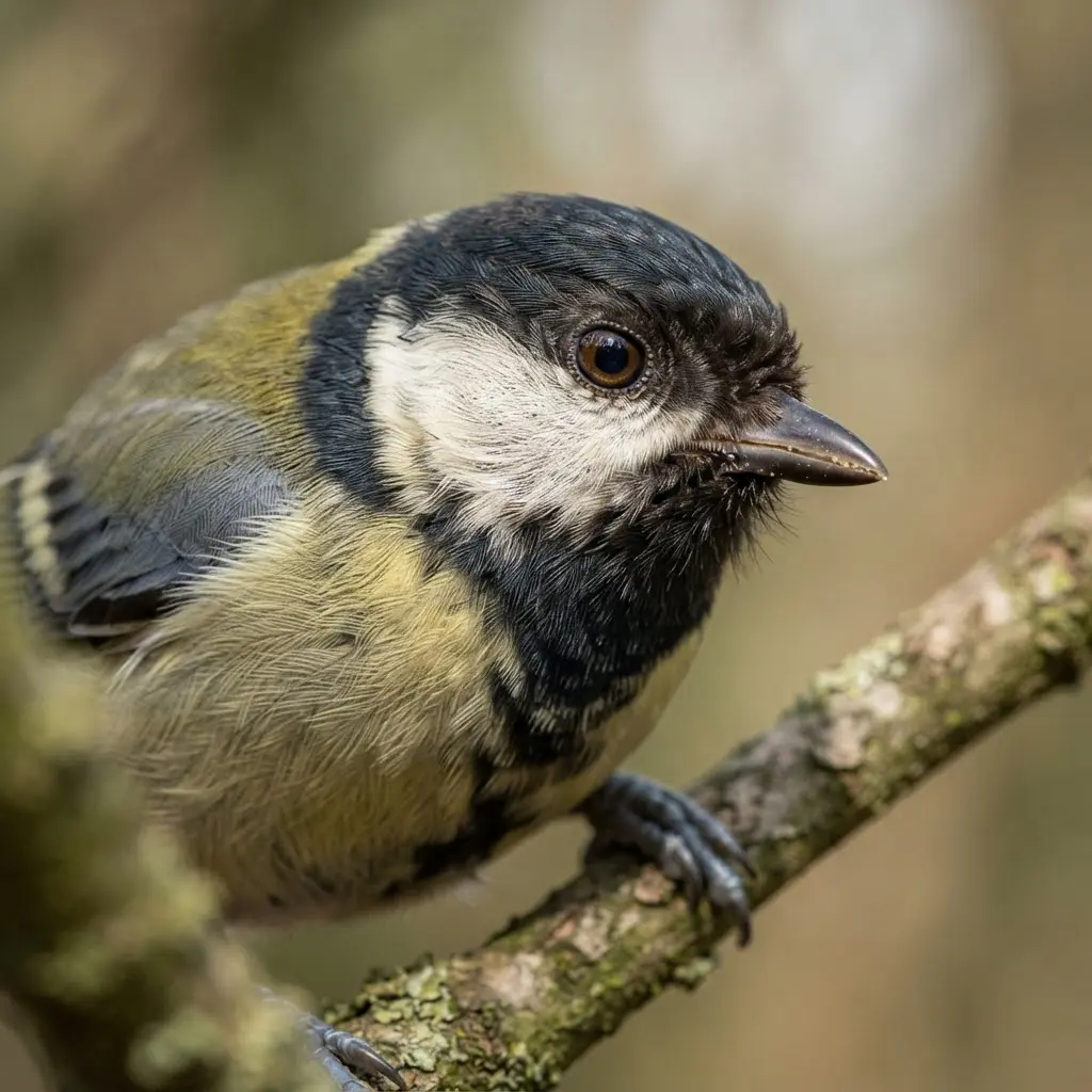 Close view of a bird eye and layered facial feathers in soft natural light.