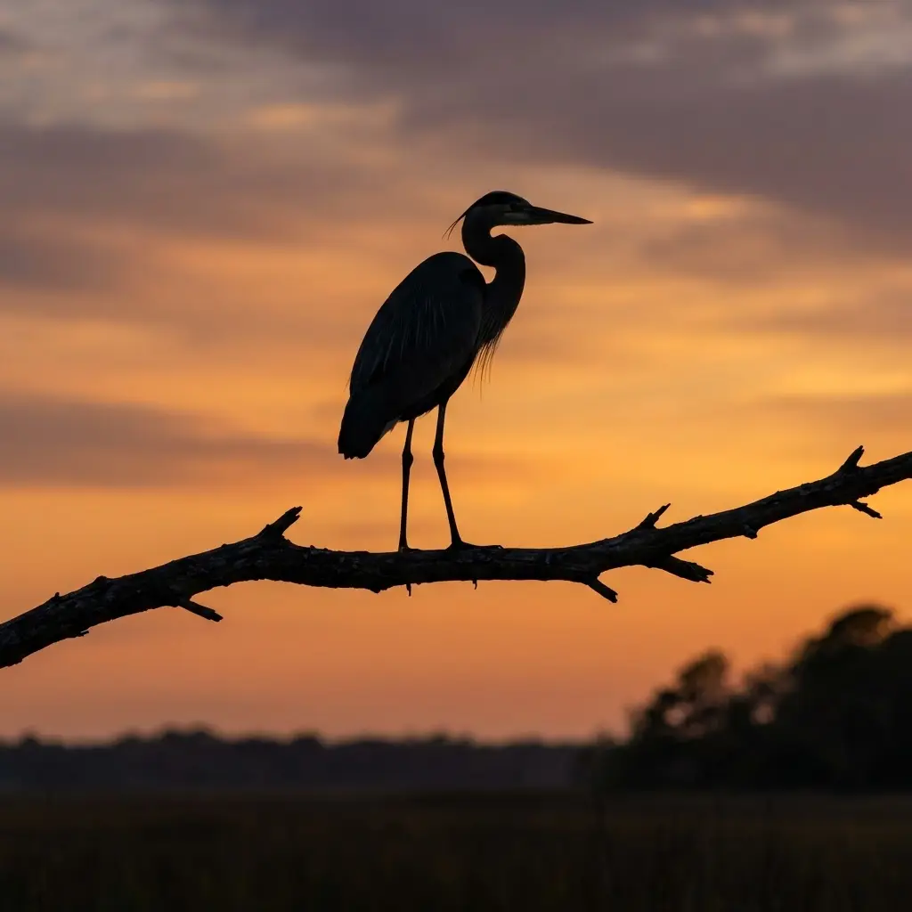 Perched heron in dark silhouette on a bare branch during sunset bird photography ideas.