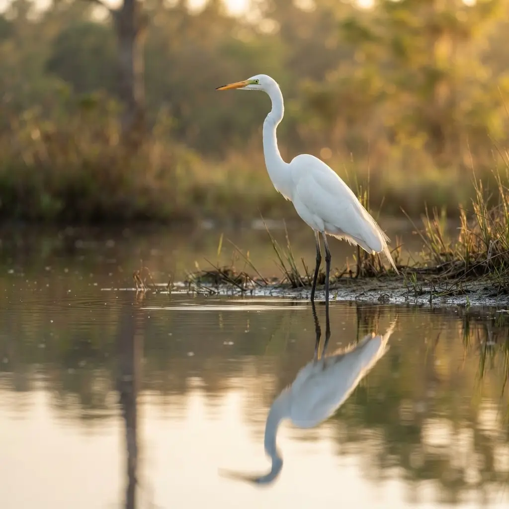Wading bird and its clear reflection beside smooth water with a low camera view.