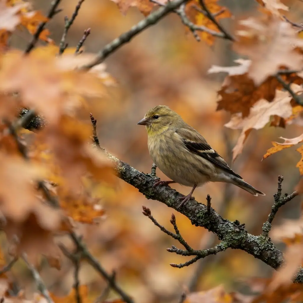 Small bird glowing at the edges among orange leaves in bird photography ideas for autumn.