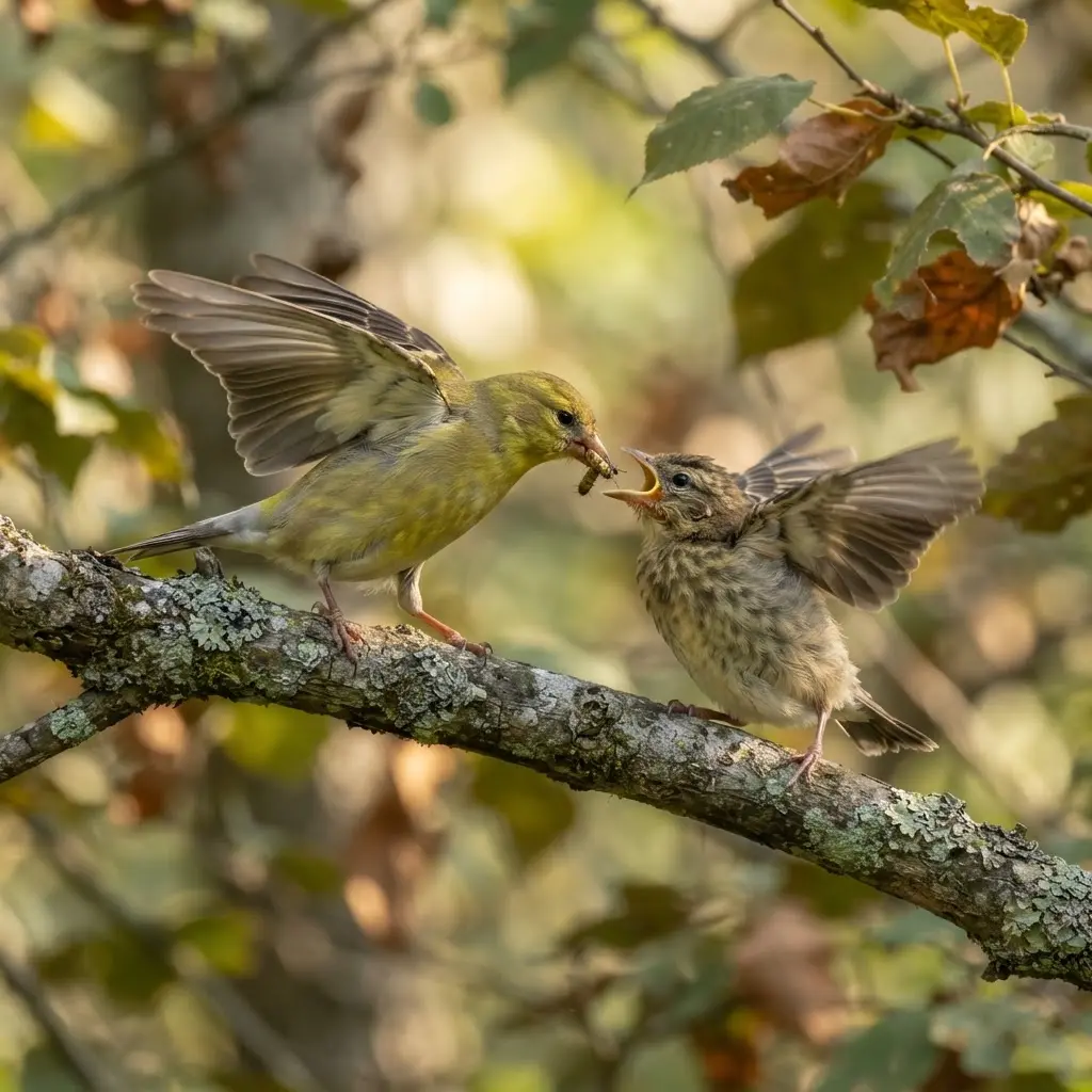Adult songbird passing food to a chick near a leafy branch in clear daylight.