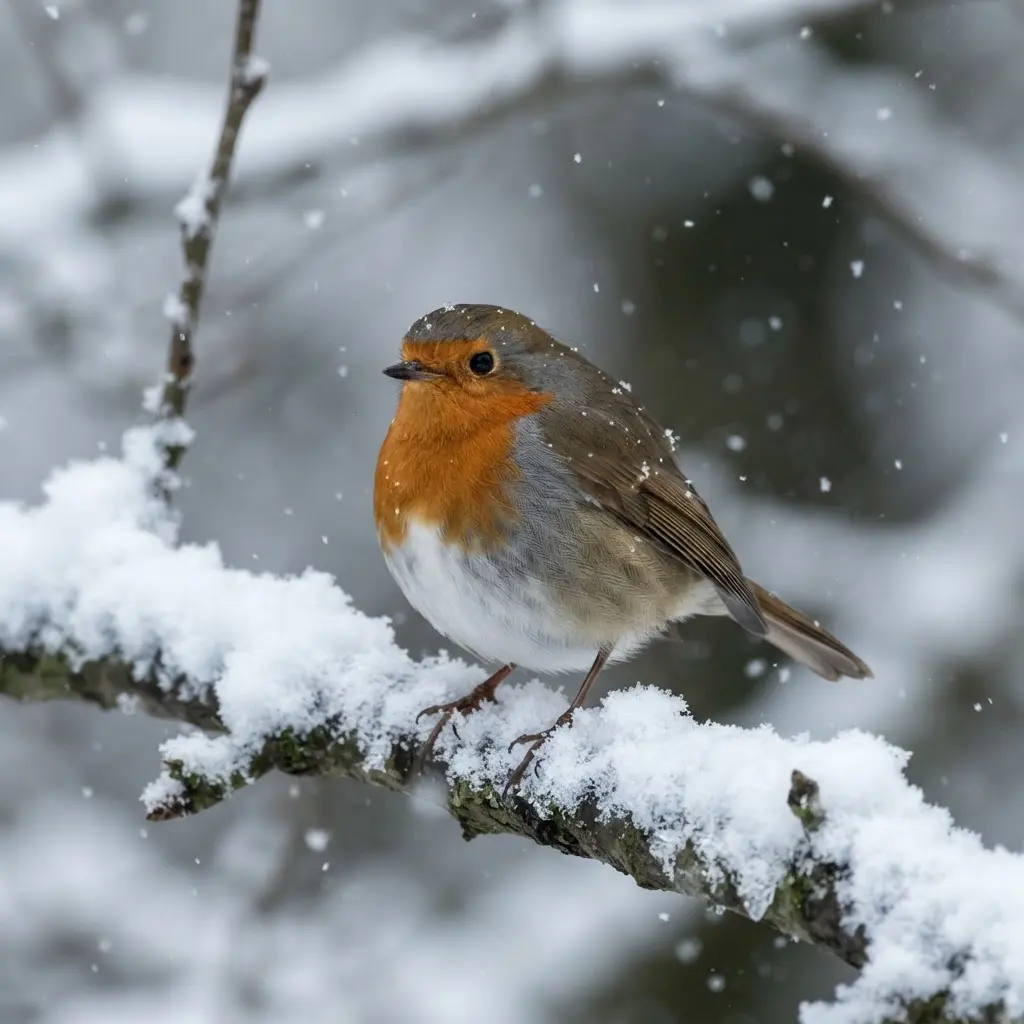 Robin perched on a snow-covered branch during bird photography ideas in gentle snowfall.