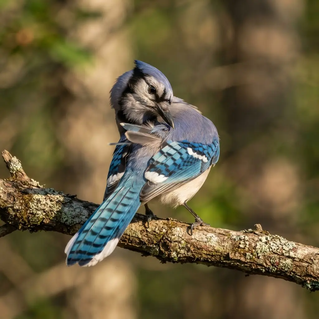Blue jay smoothing its feathers on a branch in bird photography ideas for behavior studies.