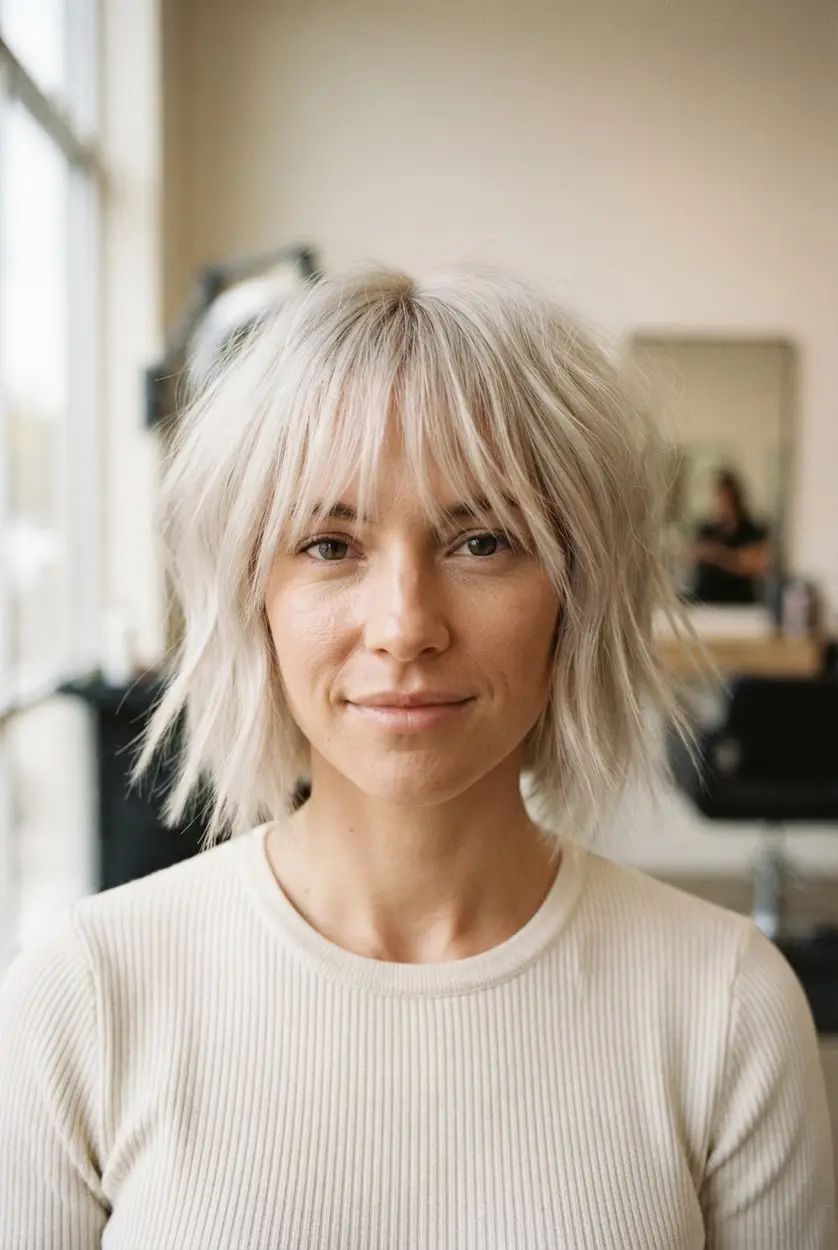Platinum blonde choppy bob with wispy fringe, shattered ends, and layered movement, a blonde choppy bob haircut.