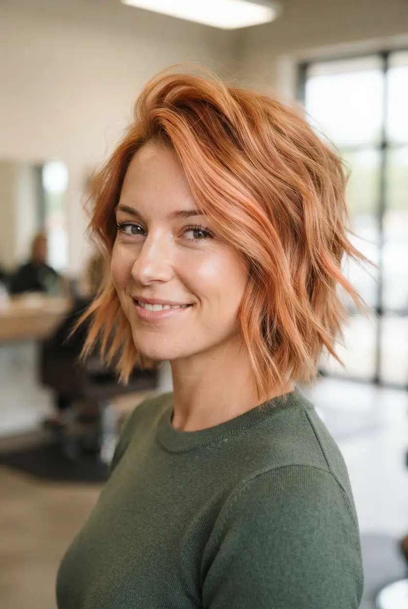 Strawberry blonde deep-texture bob with copper warmth, visible layered strands, choppy ends, and crown volume, a blonde choppy bob haircut.