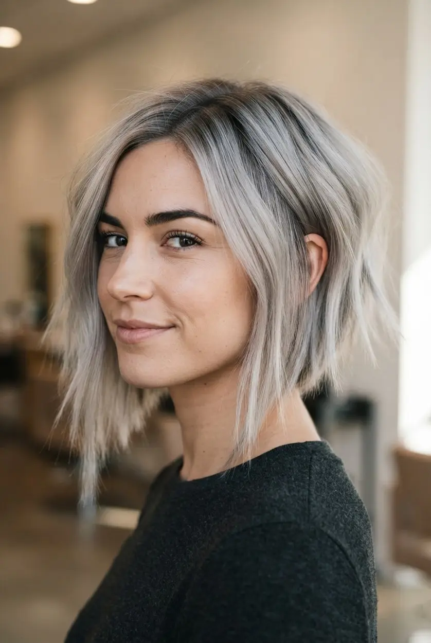 Silver blonde asymmetrical bob with one longer side, cool shadow roots, jagged ends, and a strong angled outline.
