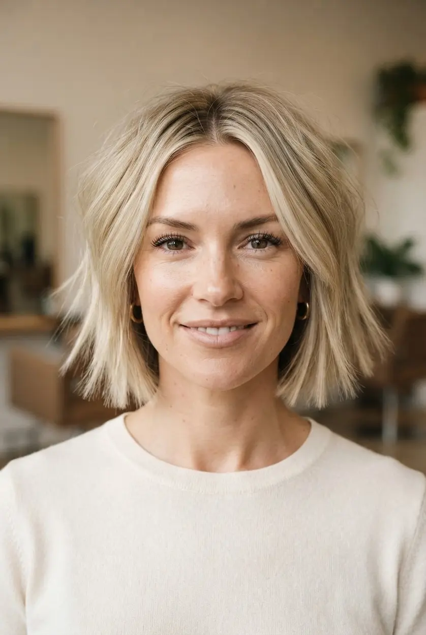 Creamy blonde bob with blunt chin-length ends, subtle bright highlights, smooth roots, and light surface texture.