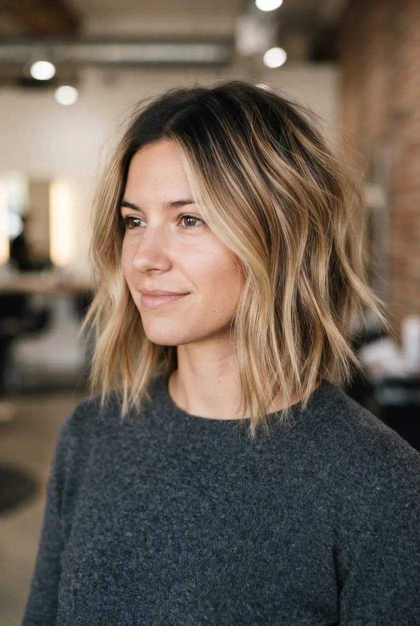 Dark rooted blonde bob with visible brown roots, bright mid-lengths, choppy layers, and tousled ends.