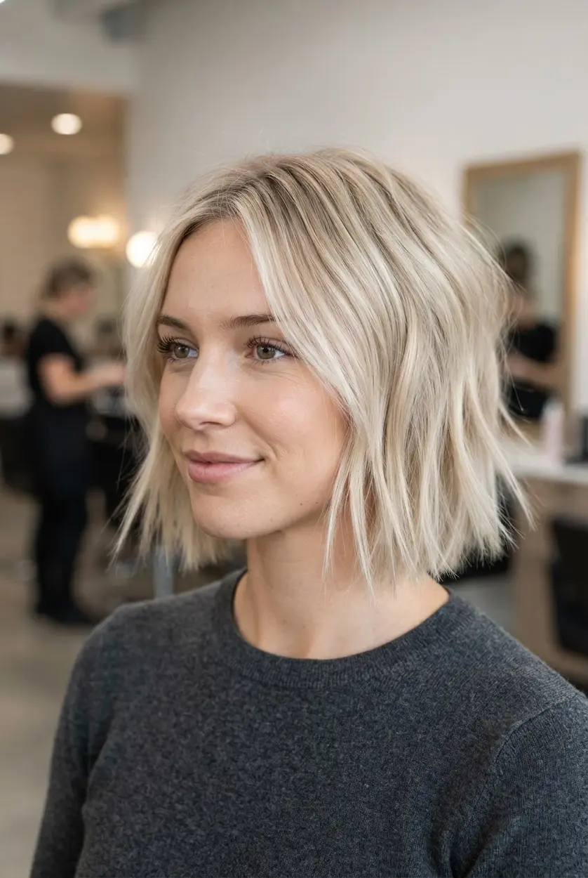 Vanilla blonde piecey bob with fine layered strands, creamy highlights, soft root depth, and separated ends.