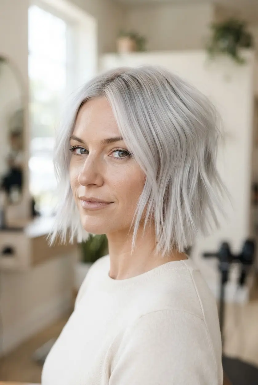 White blonde shattered-edge bob with icy highlights, jagged perimeter pieces, smooth roots, and crisp face-framing sections.