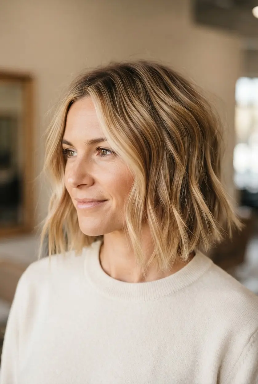 Sun-kissed blonde beachy bob with loose waves, darker roots, golden highlights, and softly uneven ends.