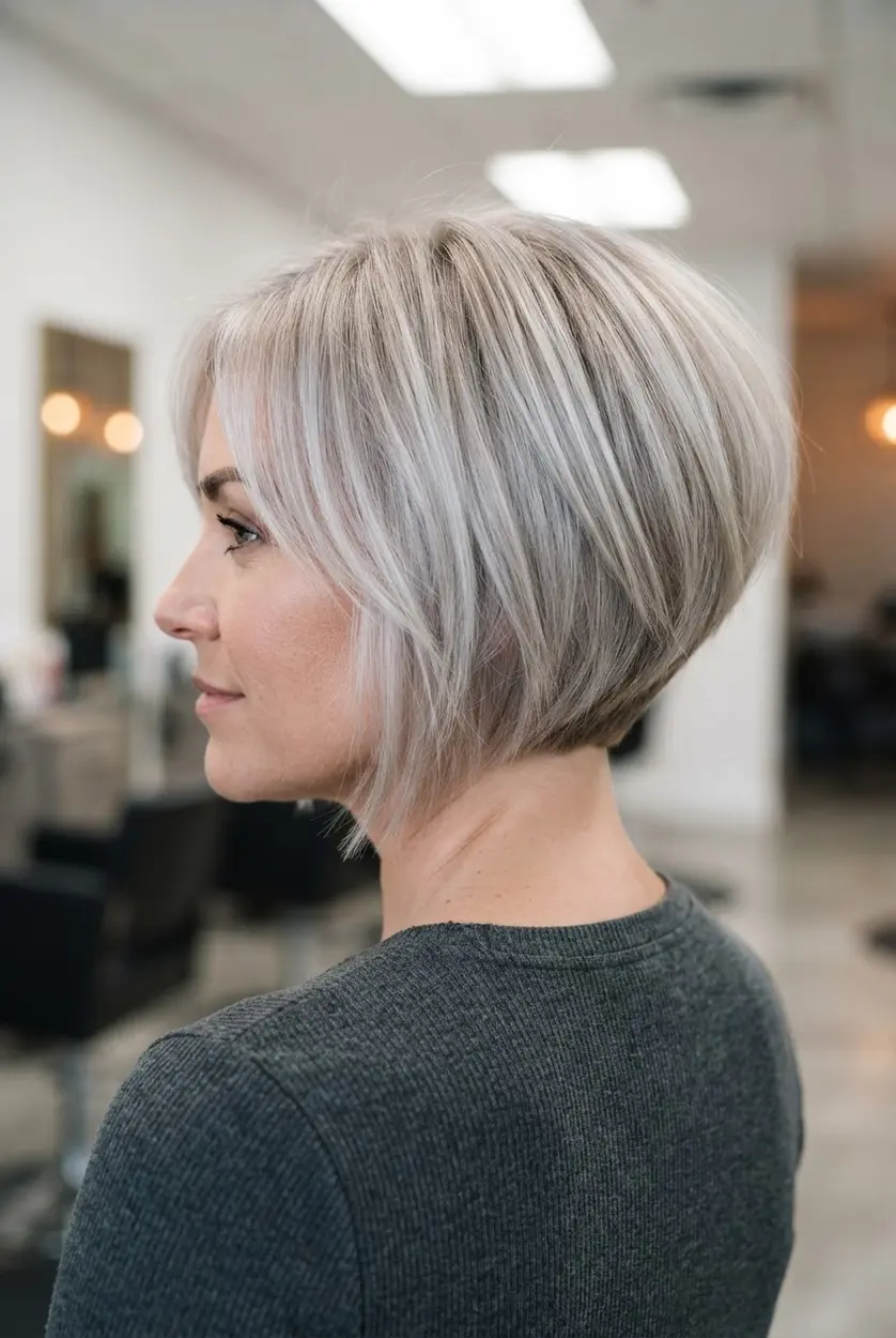 Cool toned blonde stacked bob with graduated back layers, pale highlights, rounded volume, and textured front pieces.