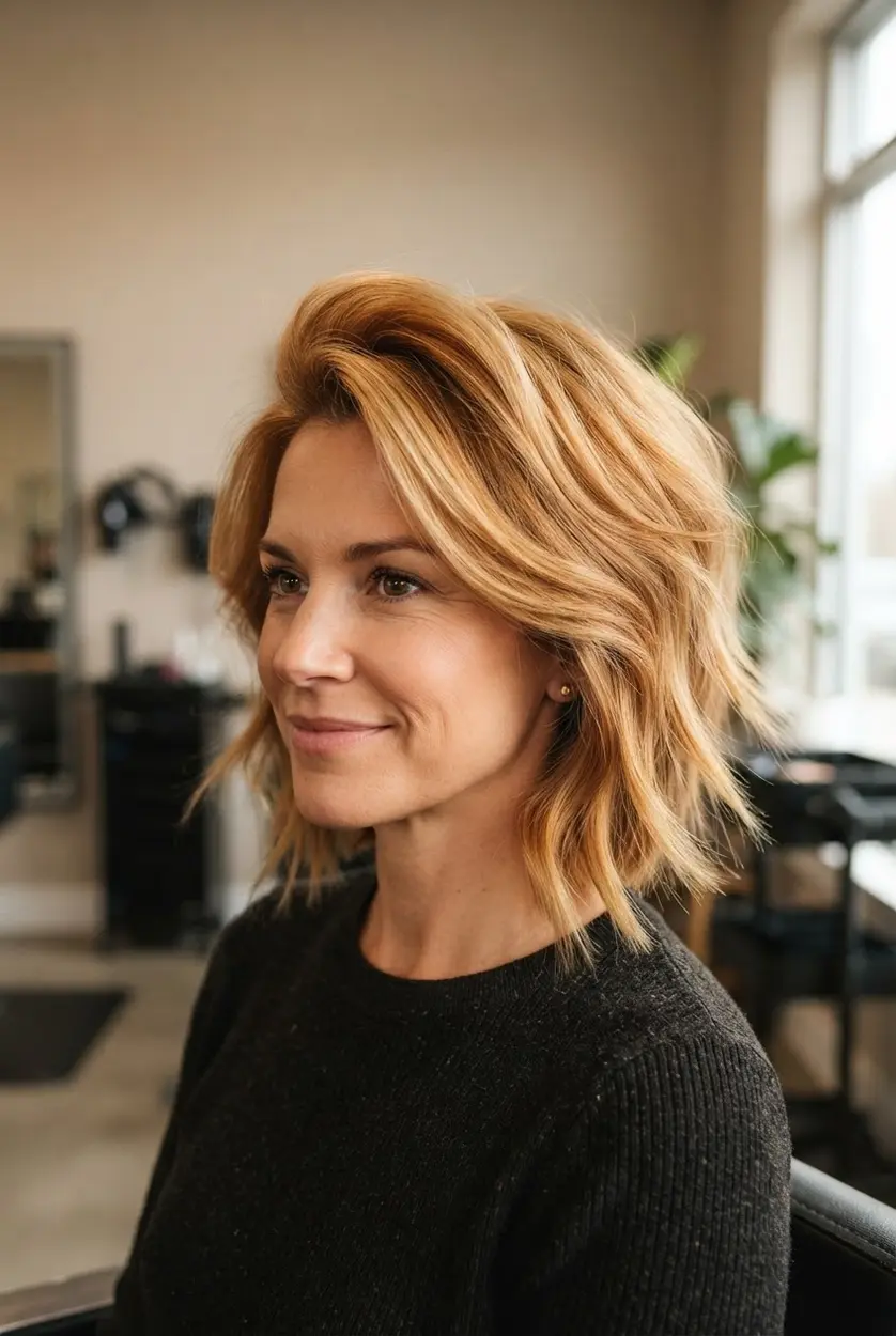 Warm blonde voluminous bob with golden lowlights, lifted roots, rounded layers, and full choppy ends.