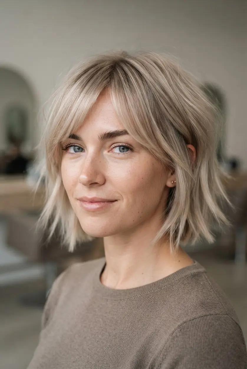 Blonde side-swept bob with soft fringe, layered ends, bright face-framing strands, and a gently tousled finish.