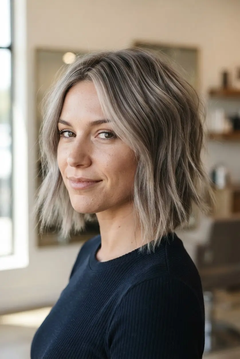 Ash blonde textured bob with cool lowlights, internal layers, and separated ends around the jawline.
