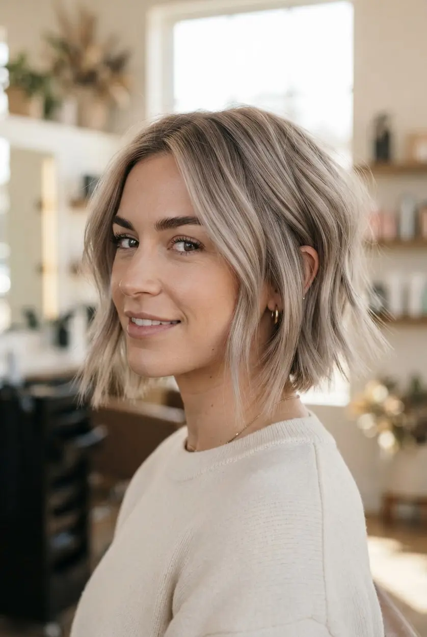 Muted blonde razored-edge bob with soft beige tones, fine layered pieces, gentle root depth, and airy ends.