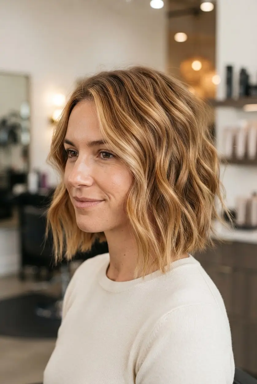 Honey blonde tousled wavy bob with loose bends, choppy layers, warm dimension, and airy ends, a blonde choppy bob haircut.