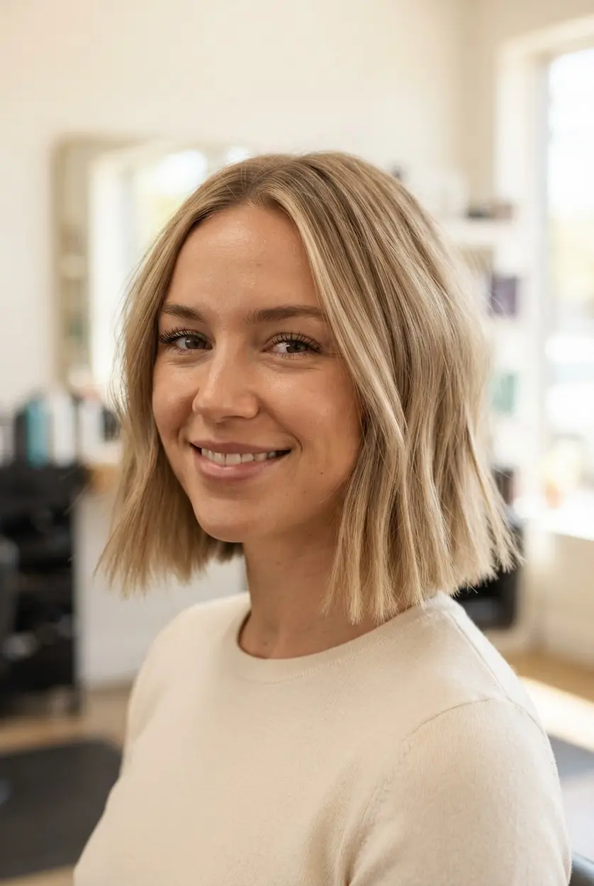 Sandy blonde blunt bob with uneven choppy ends, subtle lowlights, and a clean jaw-length silhouette.