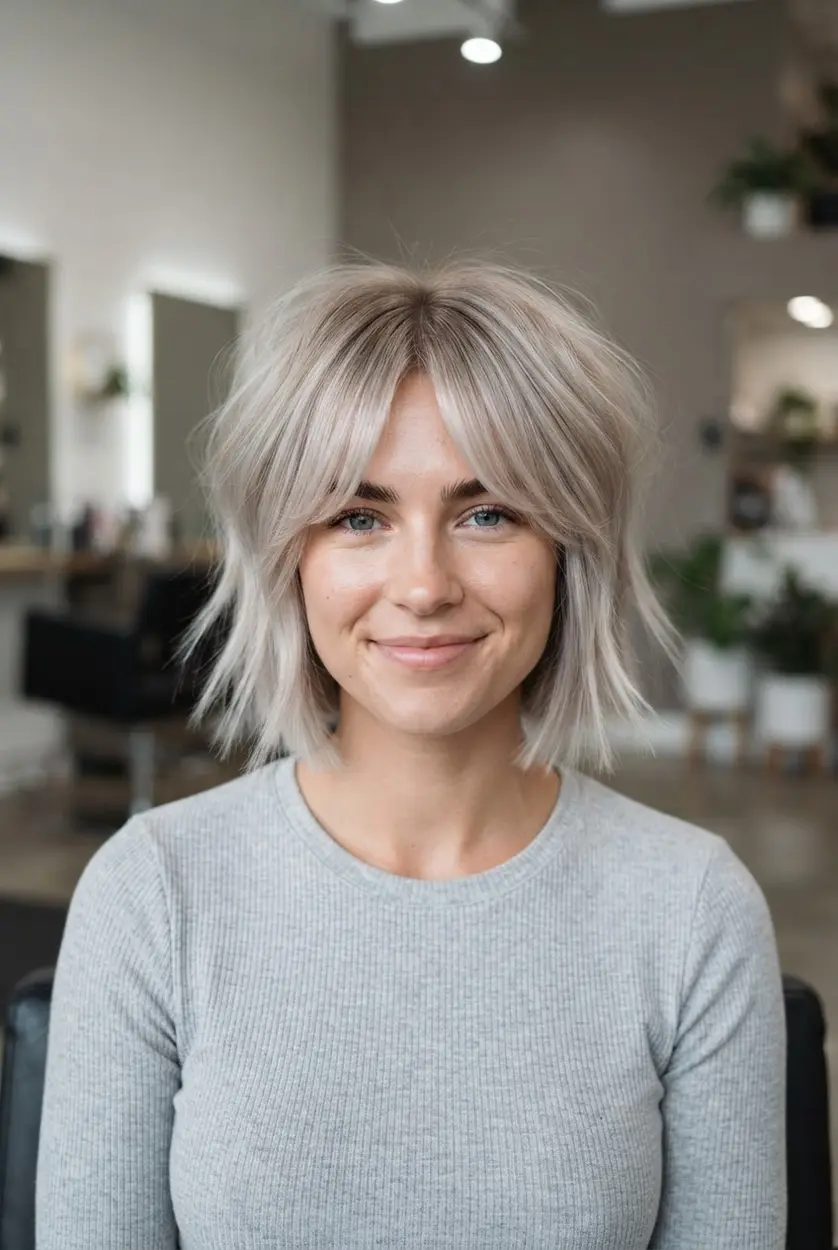 Icy blonde bob with feathered curtain bangs, soft root shading, lifted crown, and light textured ends, a blonde choppy bob haircut.