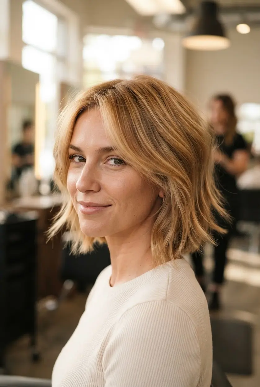 Golden blonde wispy bob with feathered layers, warm highlights, gentle volume, and loose ends around the chin.